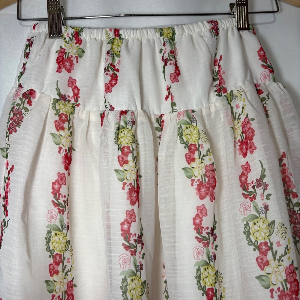 Vintage Floral Butterfly Midi‎ Skirt White Red Smocked Back Waist Size L - Picture 2 of 8